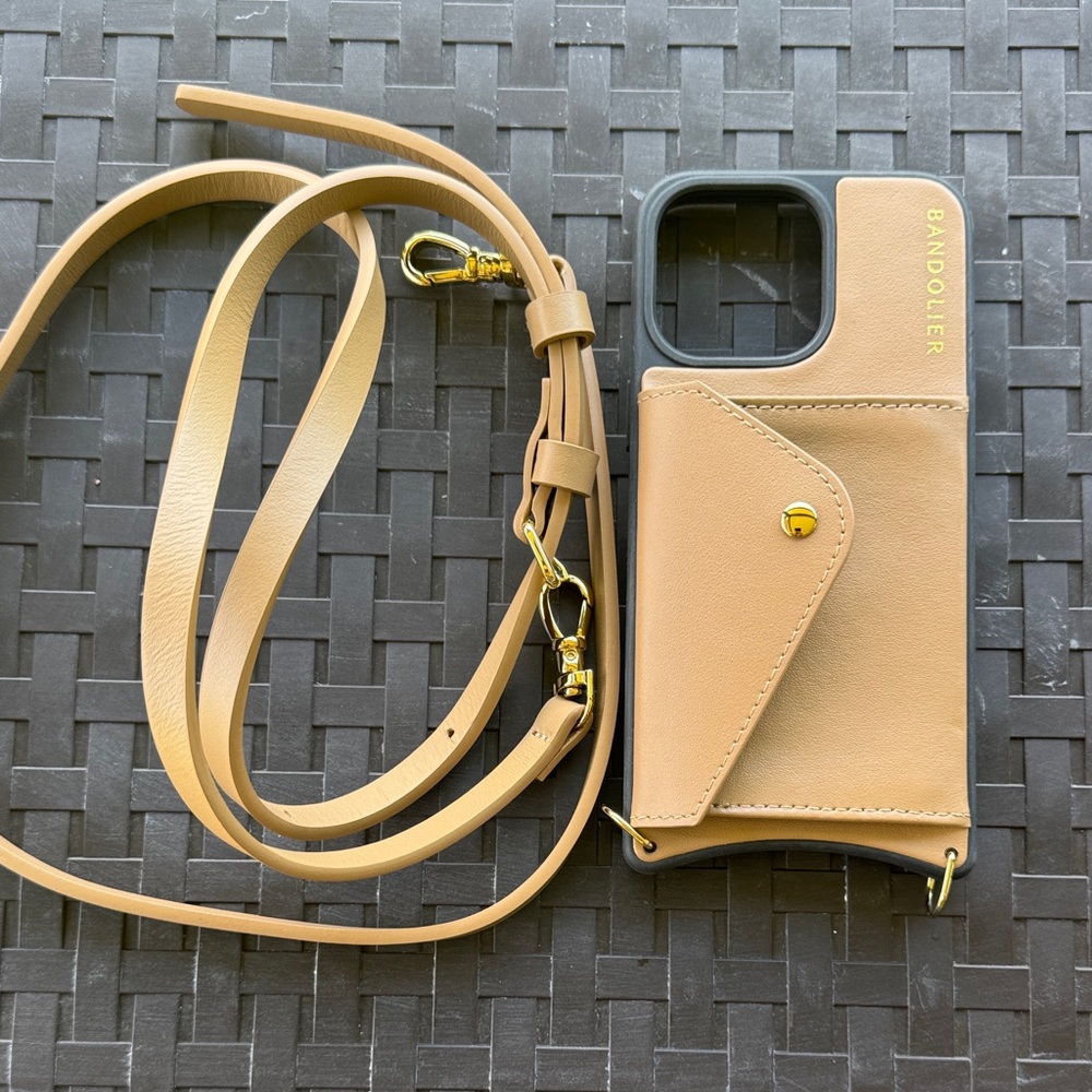 iPhone 15Pro Max Bandolier Beige Crossbody Phone Case with Strap